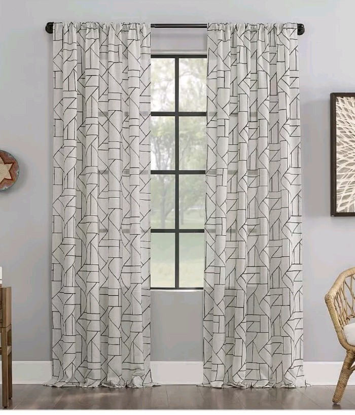 Archaeo Jigsaw Embroidery Linen Blend Curtain Panel 50in x 84in Cream/Black