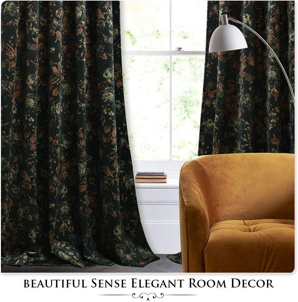 Luxury Black Velvet Floral Curtains 102″ Long, 2 Panels for Home Decor