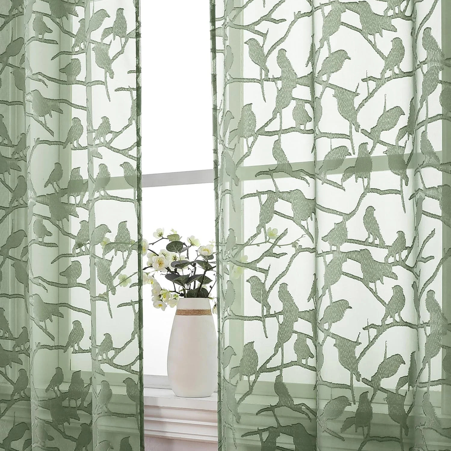 Anji Sheer Curtains 63 Inches Long, Light & 38″W x 63″L (Pack of 2) Sage Green