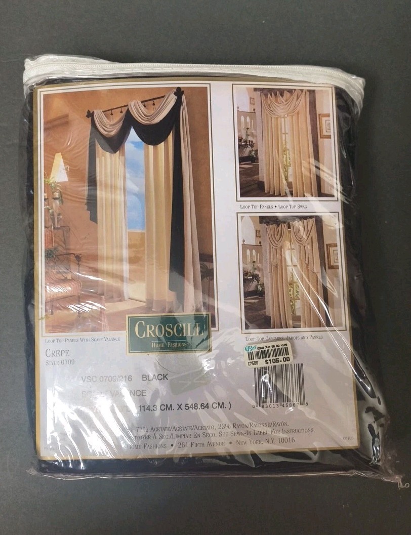 JCPenny Croscill Classics 3 Black Scarf Valances 45″ W X 216″ L NEW SEAL