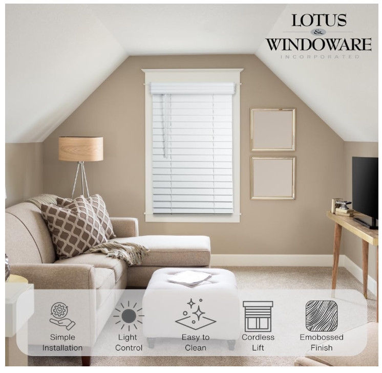 Lotus & Windoware Cordless, 2 Inch Faux Wood Blind, 24″ Wide x 60″ Long