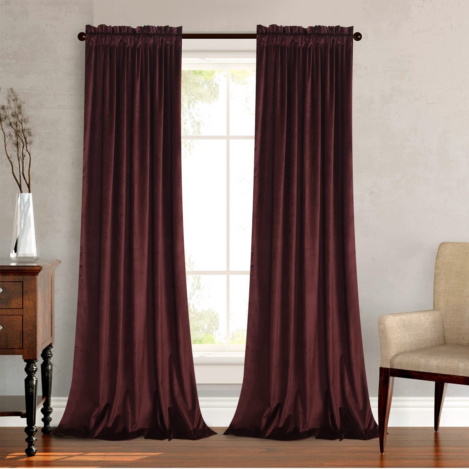 Roslynwood Ruby Wine Velvet Curtains 108 inch for Living Room – Blackout Ther…