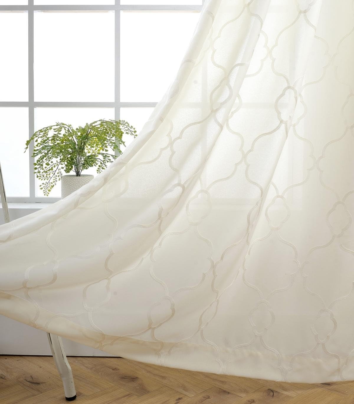 Moroccan Embroidered Semi Sheer Curtains Faux Linen Grommet Curtains for Girls