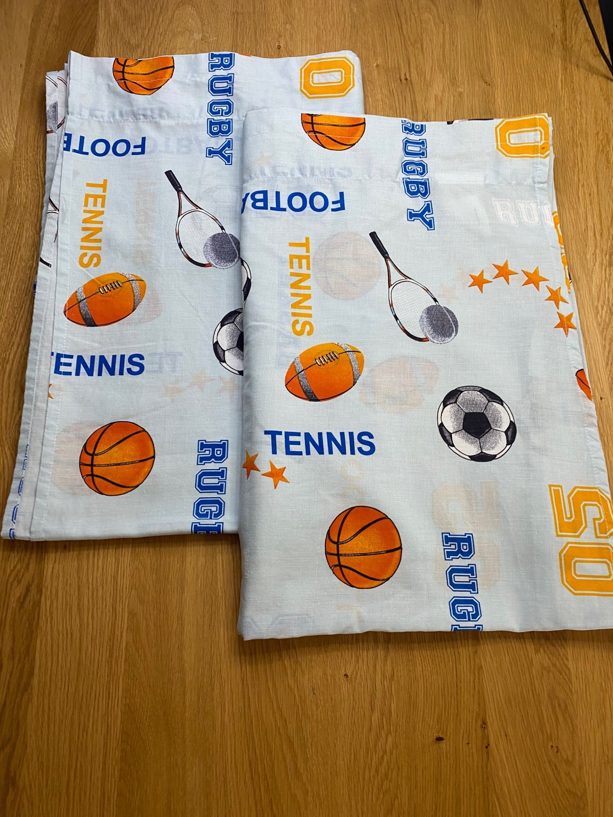 Sports Theme Curtain 2 Panels Blue Kids 84″ x 55″ Baseball Basketball Tennis