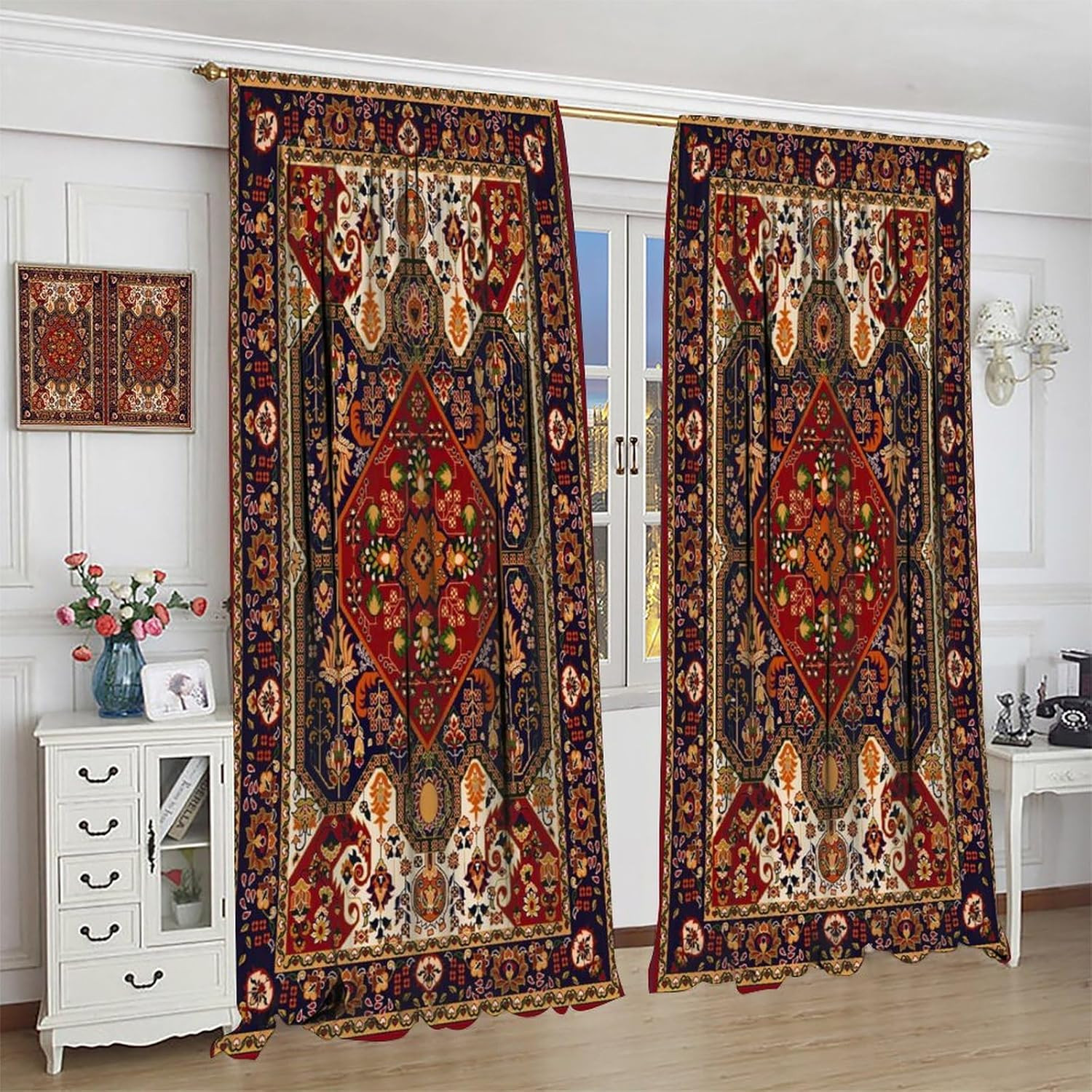 Boho Decor Curtains, Vintage Small Tree Floral Border Bohemian Ethnic Style Colo