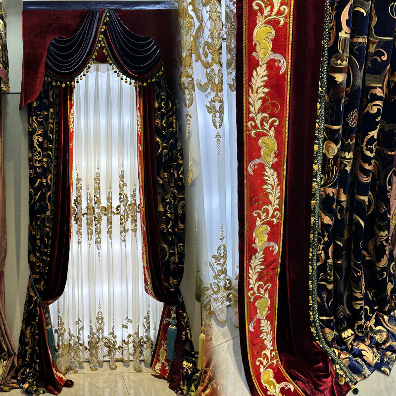 European luxury embroidery blue cloth curtain Velvet thick valance tulle M1567