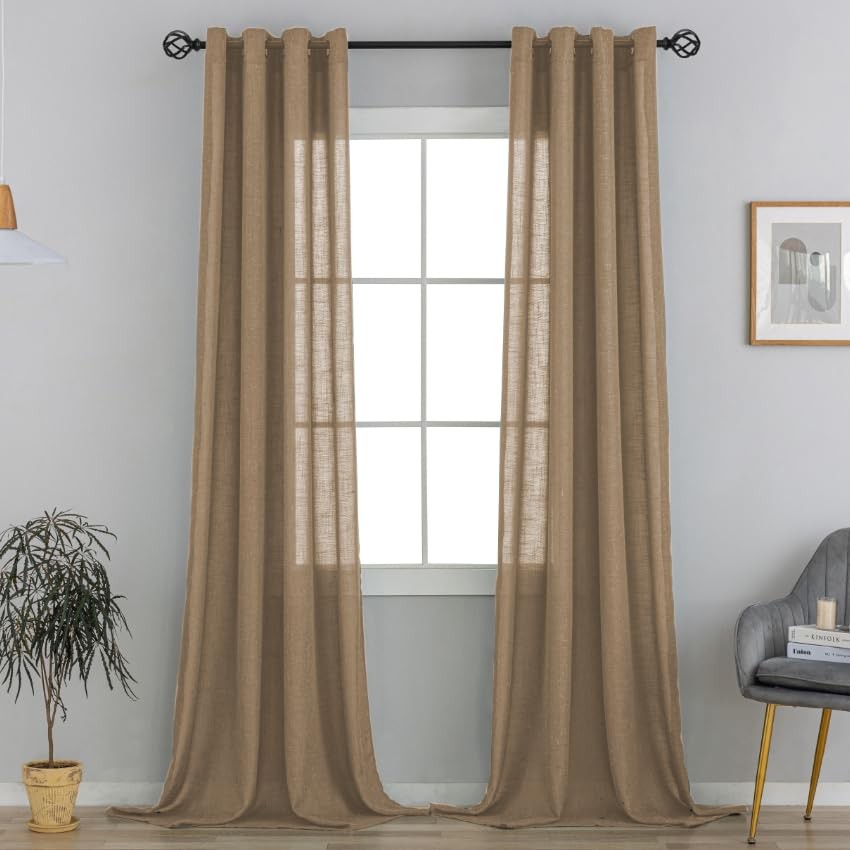 Voilybird Latte Brown Grommet Linen Curtains 84 Inch Length For Bedroom Boho