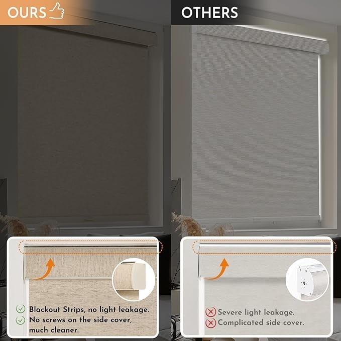 Blackout Beige Linen Natural Woven METechs Custom Size Cordless Roller Shades
