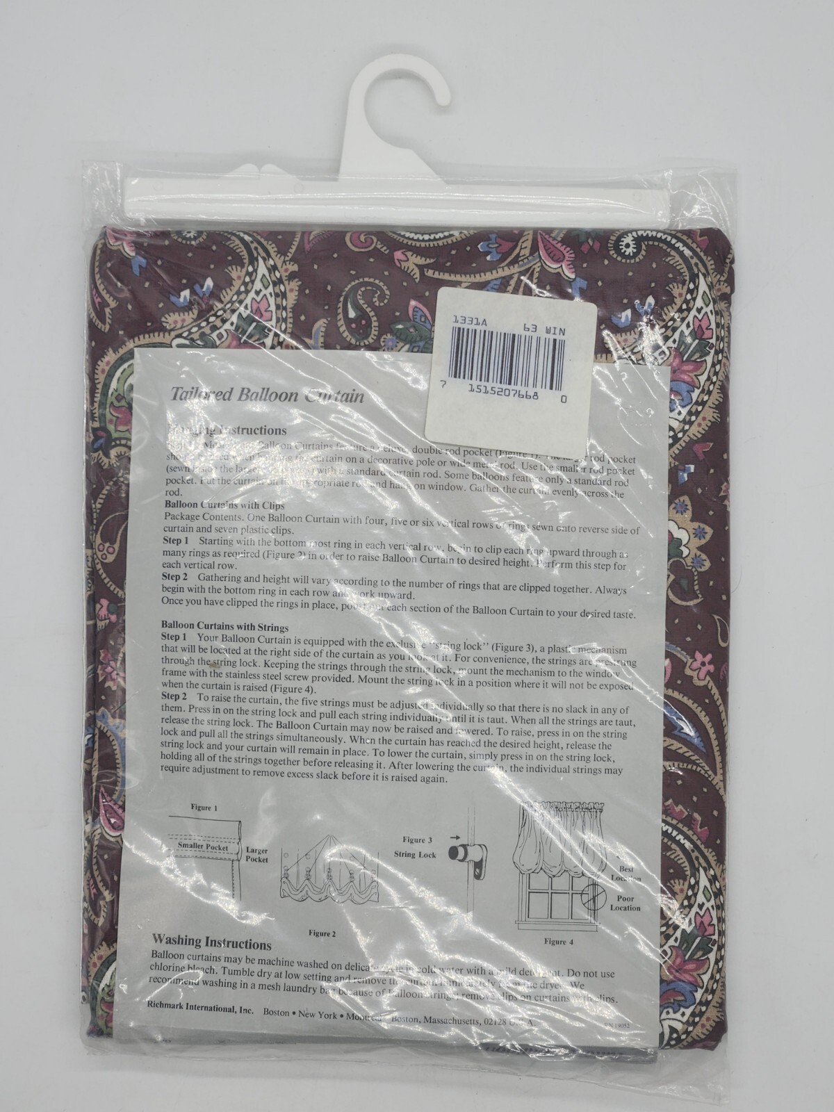 Richmark Tailored Balloon Curtain Paisley Maroon 84” x 63” and Clips Made In USA