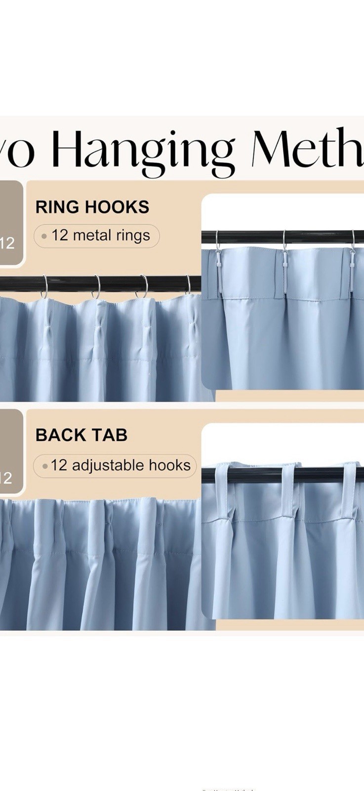 Blue Solid/Plain Curtain Panels Back Tab with Adjustable Hooks for Adults