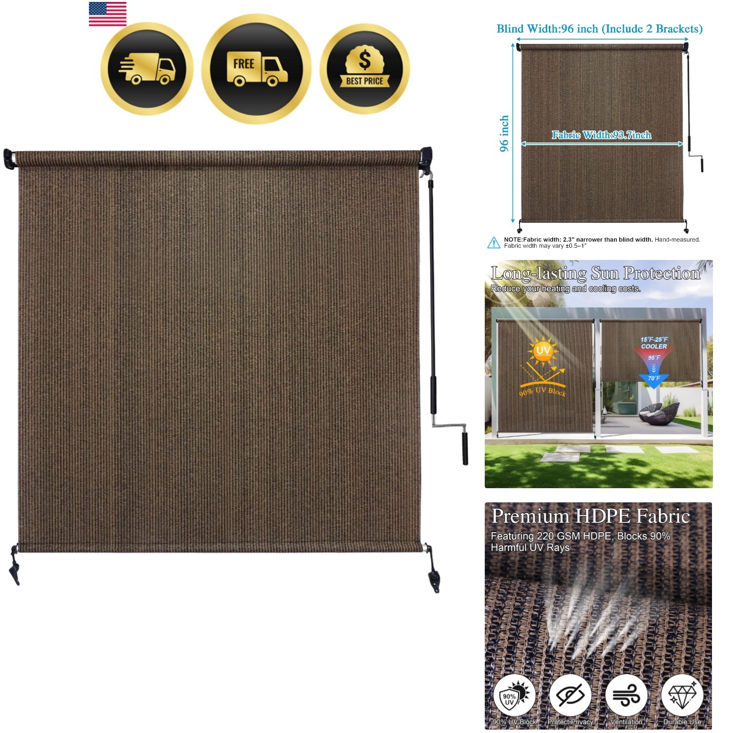 Outdoor Roller Shades 8’W X 8’H, Exterior Cordless Patio Shades Roll Up Outdo…