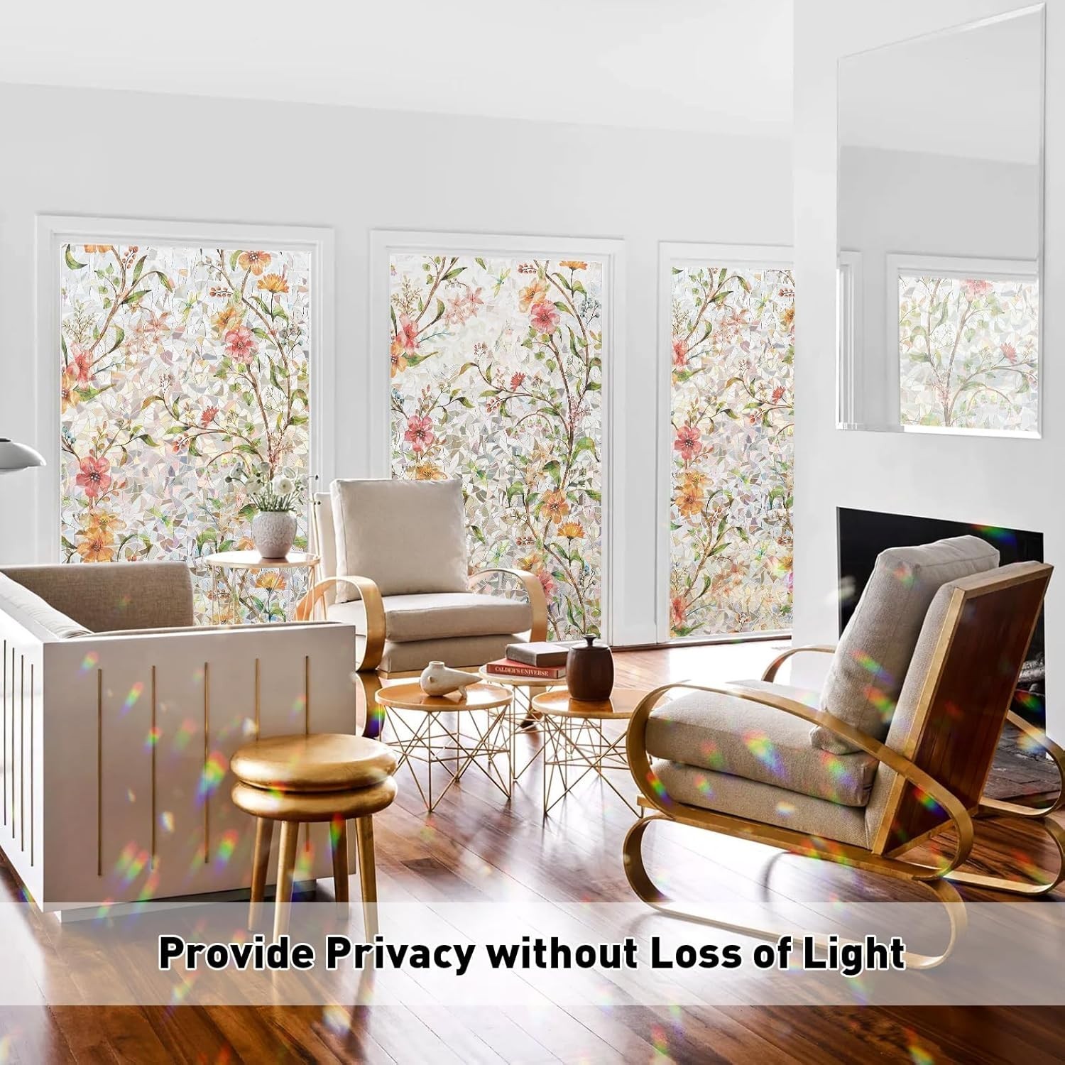 Window Privacy Film Floral Rainbow Decorative Stickers, 3D Static Stained Gla…