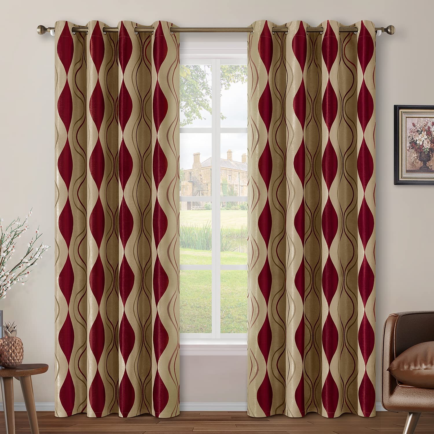 HOMEIDEAS Wave Room Darkening Curtains 52 X 96 Inch Long Burgundy and Beige Set