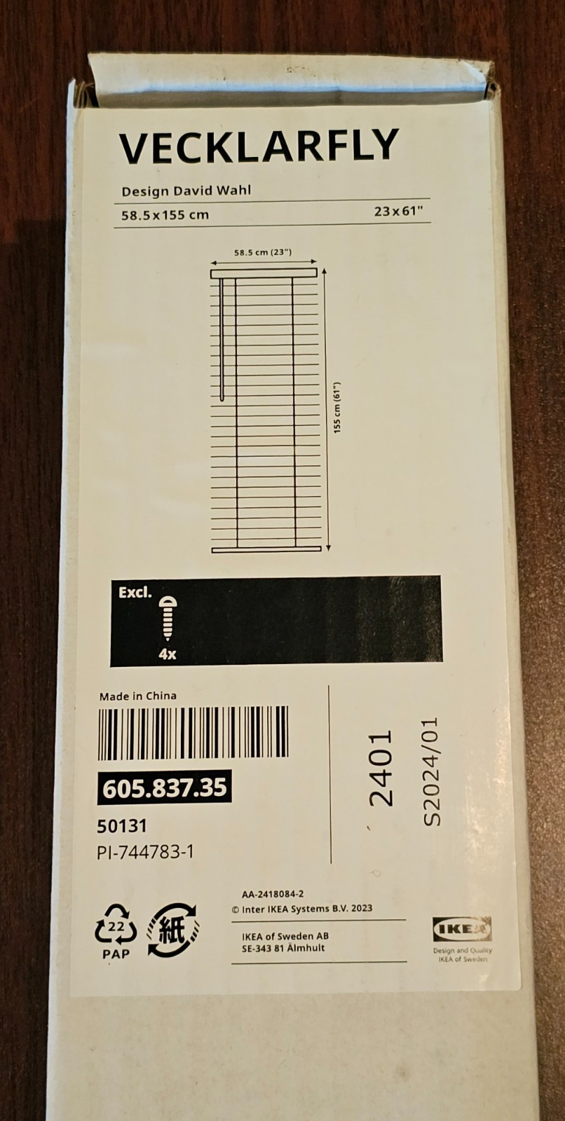 IKEA VECKLARFLY Venetian Blind White 23×61″ 605.837.35 New