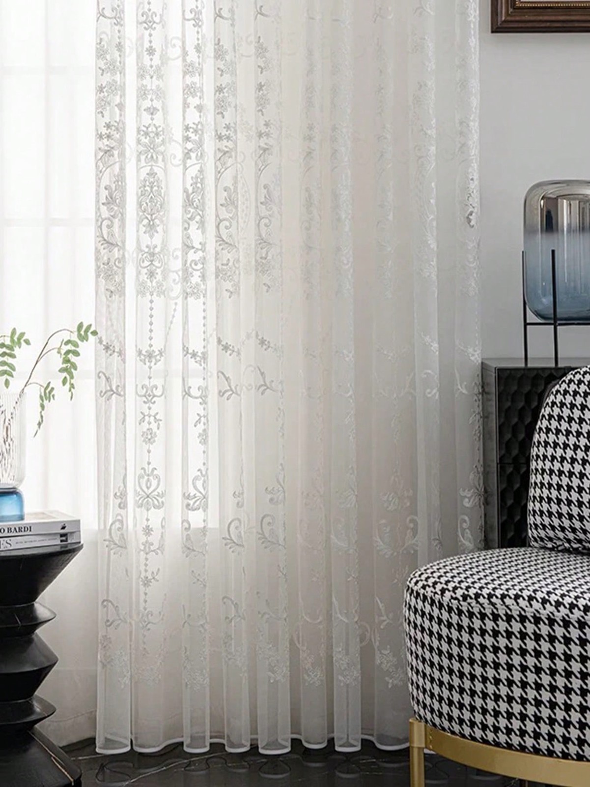 White Polyamide Sheer Panel Curtain With Floral Embroidery 150×250 100×230