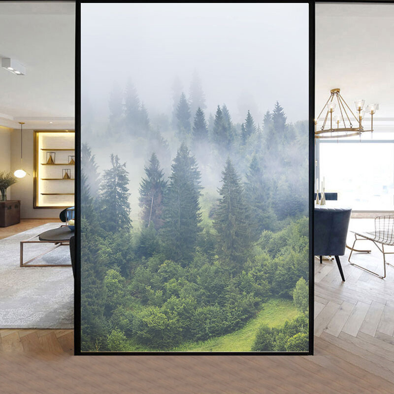 Home Window Film Static Cling Stained Forest Scenery 3D Frosted Decor US