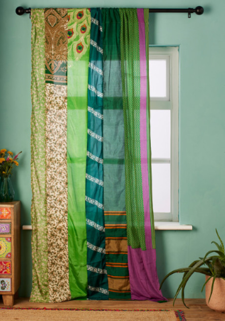 Silk Curtain Patchwork window curtain 2 pc set saree curtain