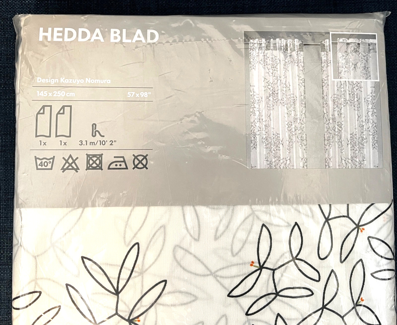 IKEA Hedda Blad Curtain Panel Pair 57″x98″ White Black Floral Kazuyo Nomura NEW