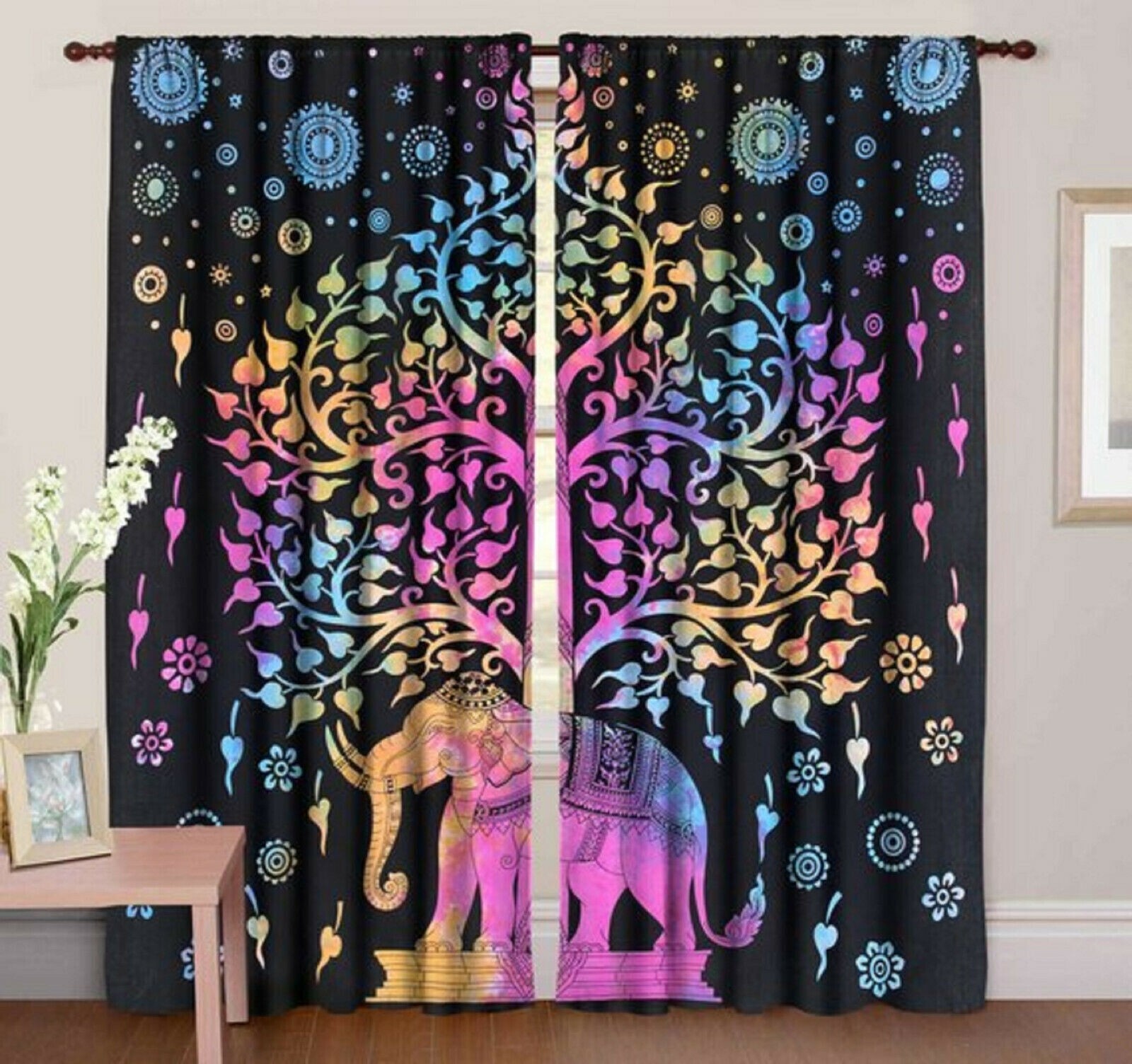 Cotton Tree Elephant Boho Mandala Curtain Tapestry Room Decor Wall Drapes Panel