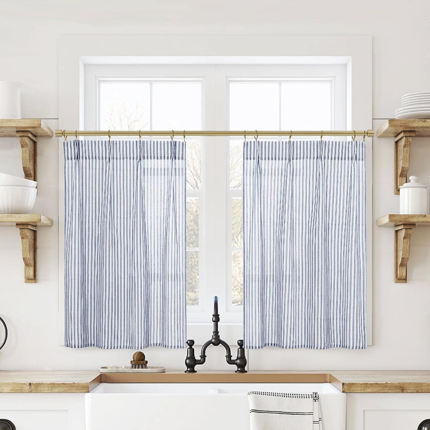 Bathroom Curtains Window,Short 36 Inch Length Blue and White Striped Rustic Farm