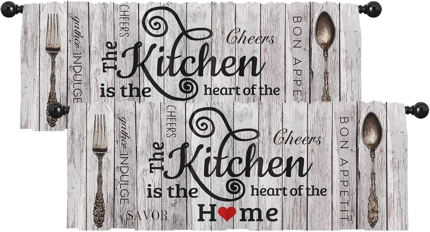 2 Pack Valances Window Treatments Teal & Brown Farmhouse Kitchen Cooking