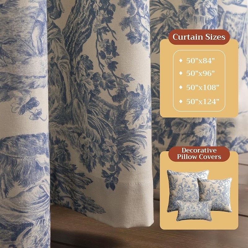 100% Cotton Toile Curtains Light Filtering Rod Pocket Home Living Decor New