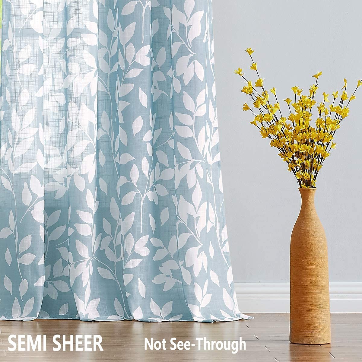 Blue White Curtains for Living Room 63″ Length Leaves Print Semi-Sheers Curta…