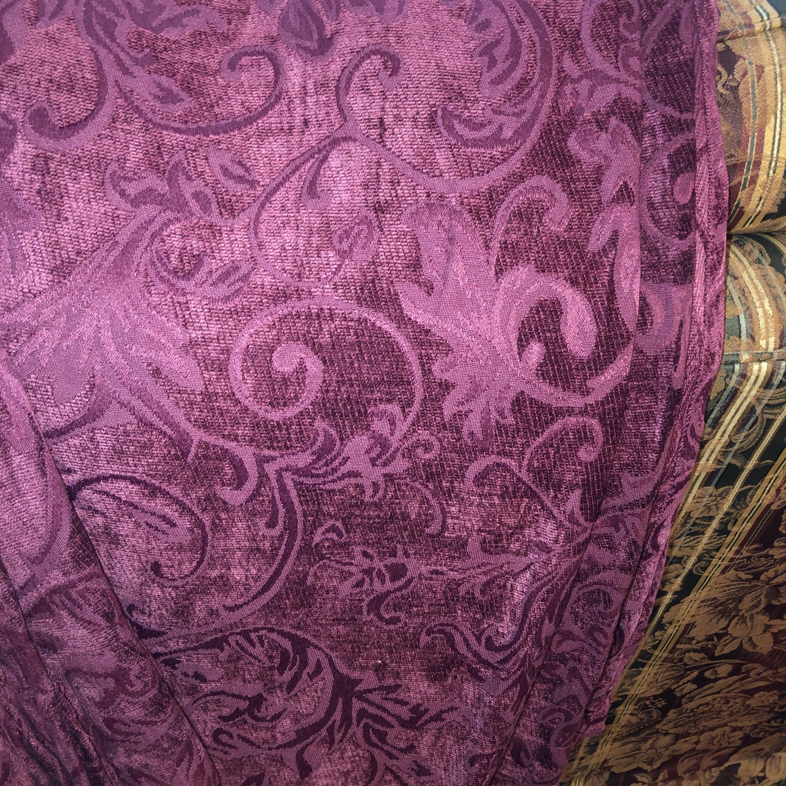 1 Pair Of Vintage Burgundy 50 X 84 Embossed Chenille Floral Curtain Panels