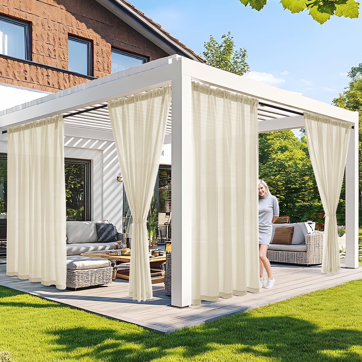 Cream Beige Privacy Outdoor Curtains Waterproof Non-See-Through Semi Sheer 2 …