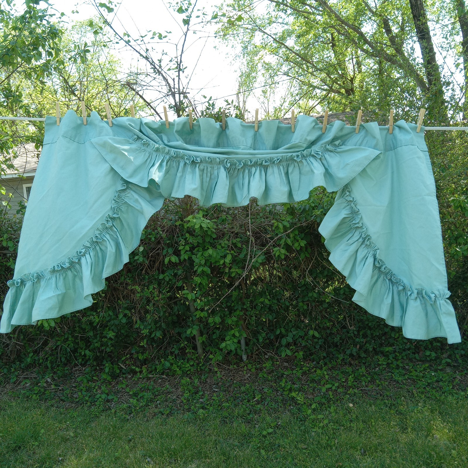 Set of 2 Vtg Kellwood Window Valances Ruffles 77″ Full Stretch 27.5″ Long Teal