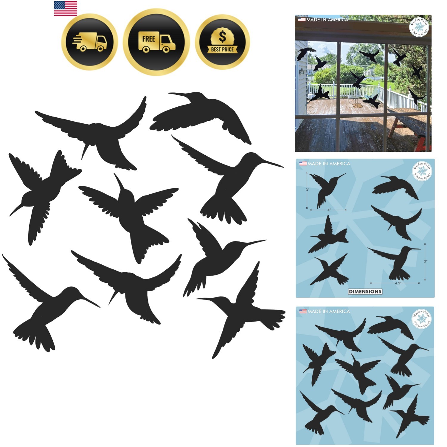 9-Pack Black Silhouette Hummingbird Window Clings for Glass Safety on Windows…