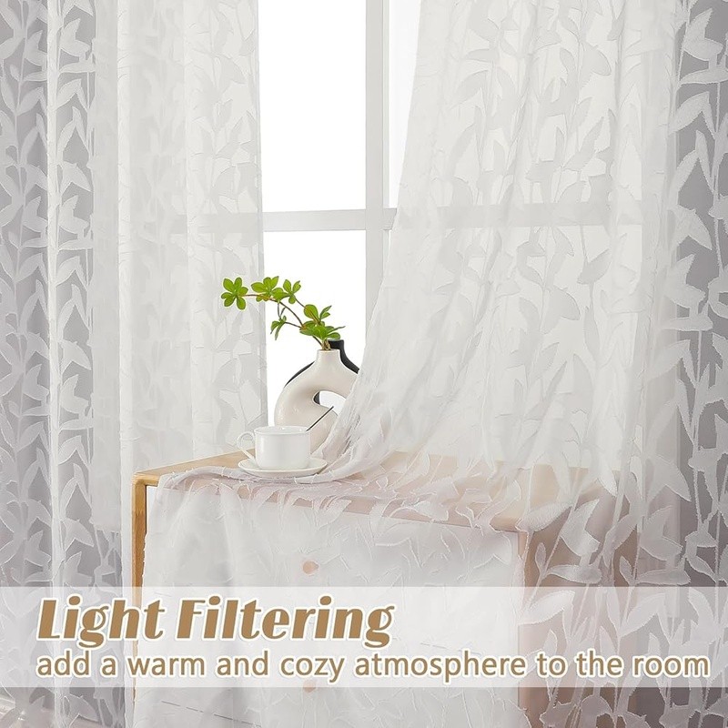 Light Filtering Leaf Jacquard Curtains 2 Panels Rod Pocket Sheer Drapes New