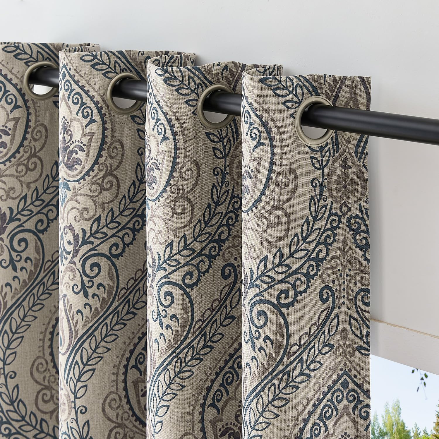 108 Inch Damask Linen Textured Curtain Panels Room Darkening Grommet Drapes