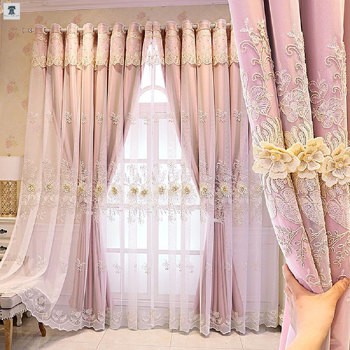 Amidoudou 1 Pair Luxury European Curtains Valance For Living Room Bedroom