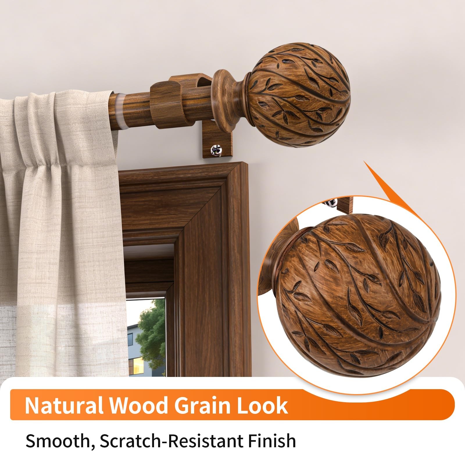 KVEEO Wood Curtain Rods for Windows 18 to 45 Inch, 1″ 18″-45″, Grain