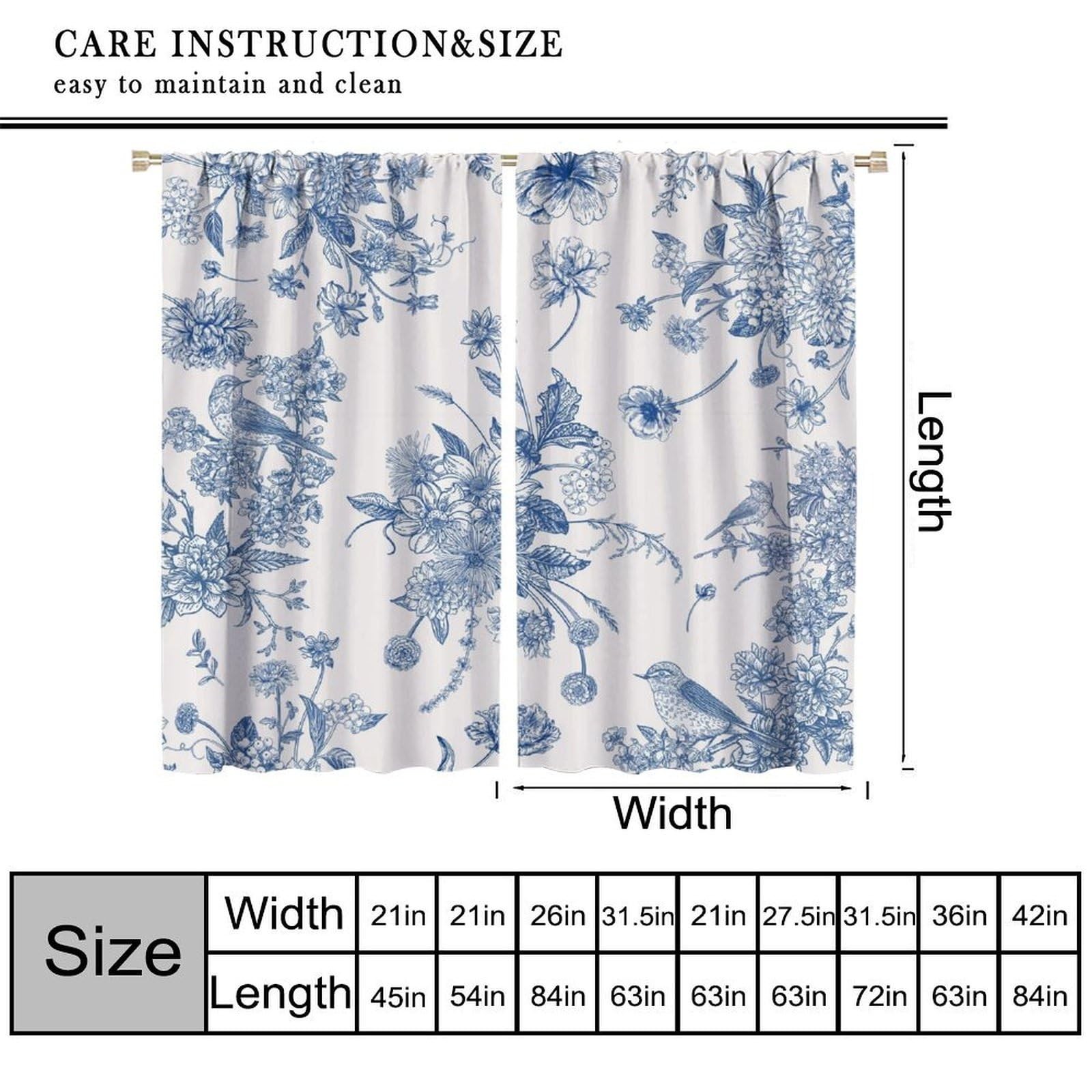 Blue Floral Bird Curtains, Boho Vintage Navy White Flowers Bird Chinoiserie A…