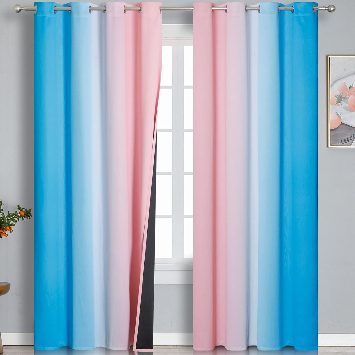 Pink and Blue Blackout Curtains 84 Inches Long,Ombre and Wave Line Pattern Gromm