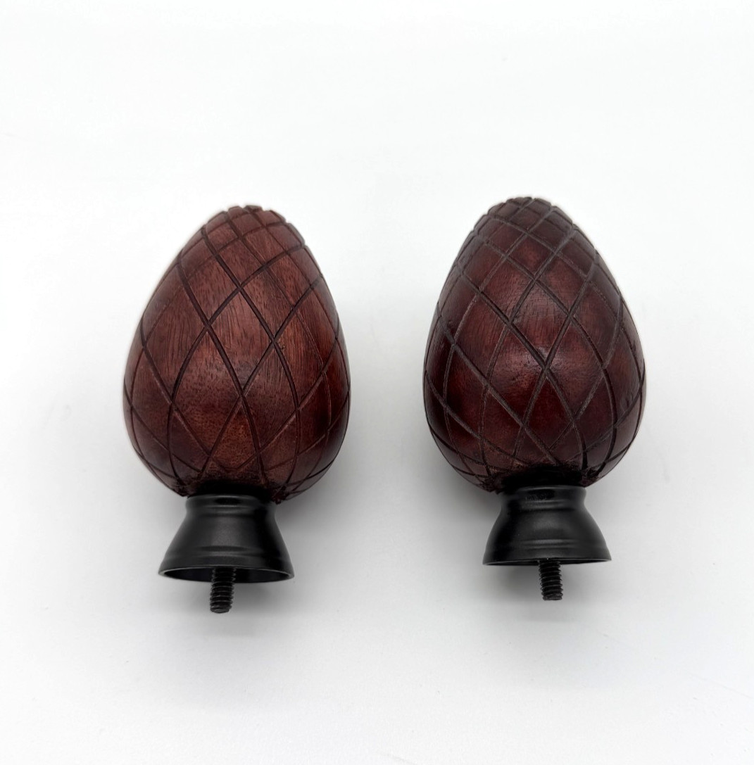Set of 2 Drapery Curtain Rod Finials Carved Mahogany Wood Pineapple Acorn 4″
