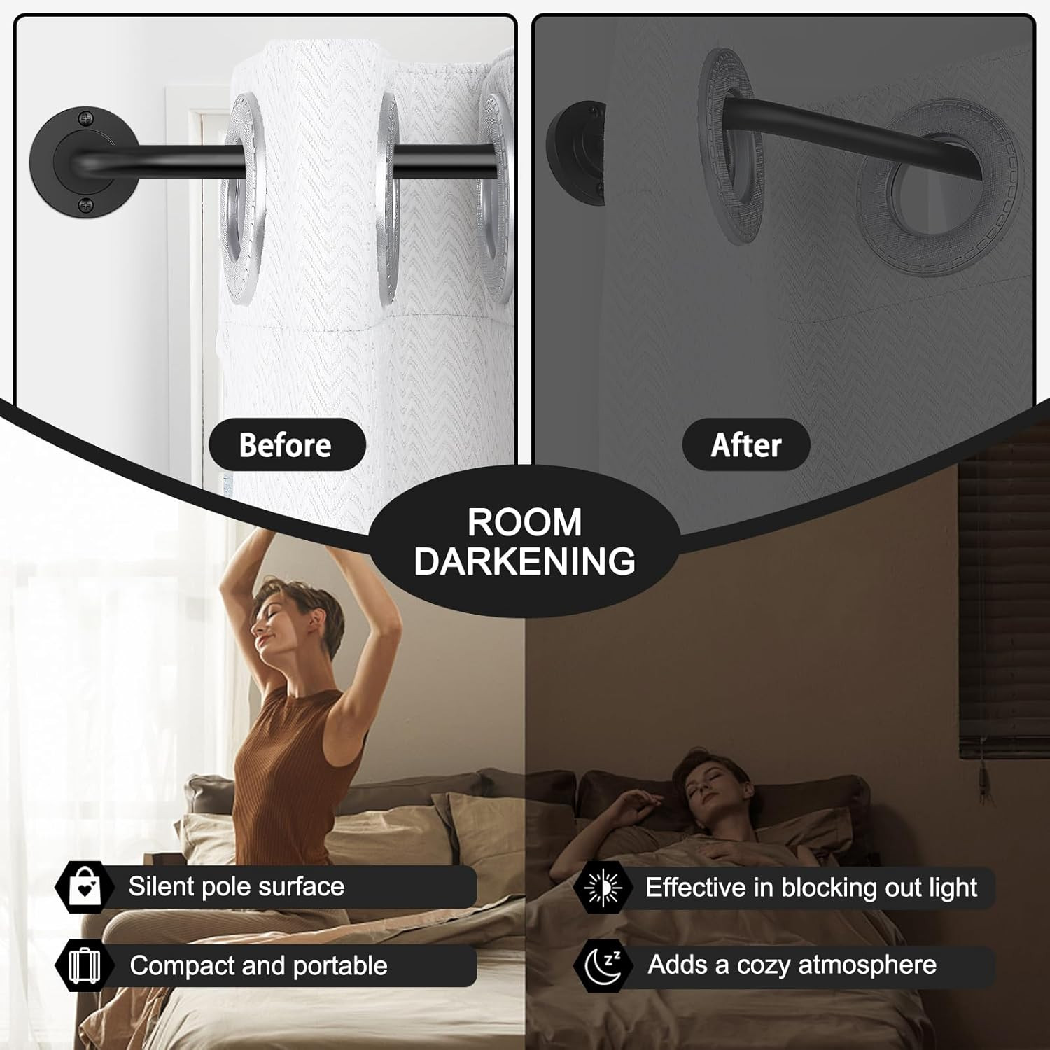 Adjustable Black Curtain Rod 28–48 Inch Wrap Around Metal Room Darkening Rod