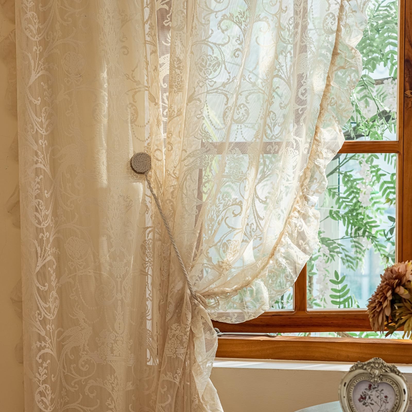 Beige Lace Curtains 84 Inches Long – Vintage Ruffle Sheer Curtains for Living…