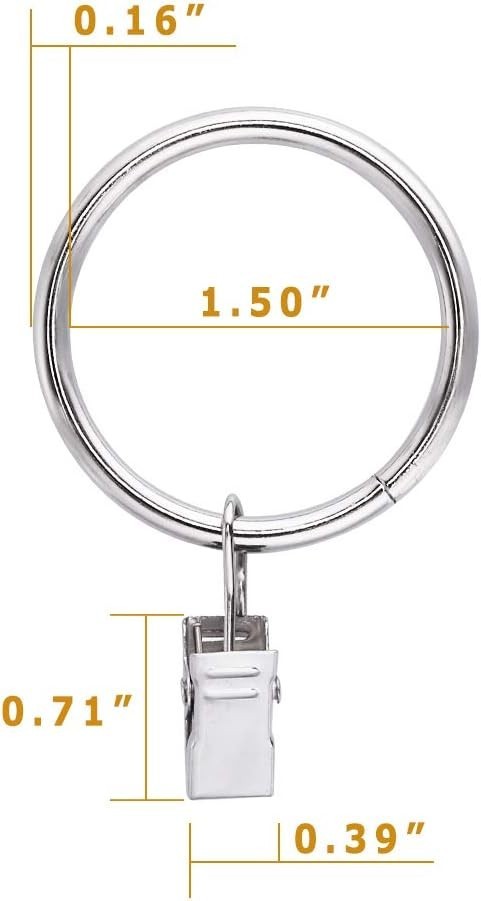 44 Pack Curtain Rings with Clips Silver Stainless Steel 1.5 Inch Hangers