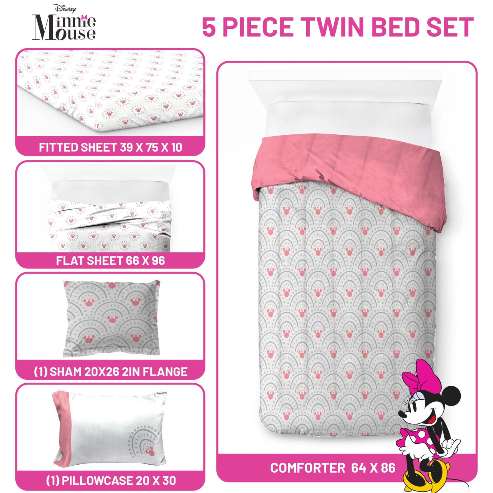 Disney Minnie Mouse Twin Comforter Set – 5 Piece Twin, Grey –