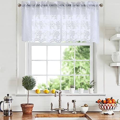 White Cafe Curtains 18 inch Length Floral 52″W x 18″L (Pack of 1) Bright White