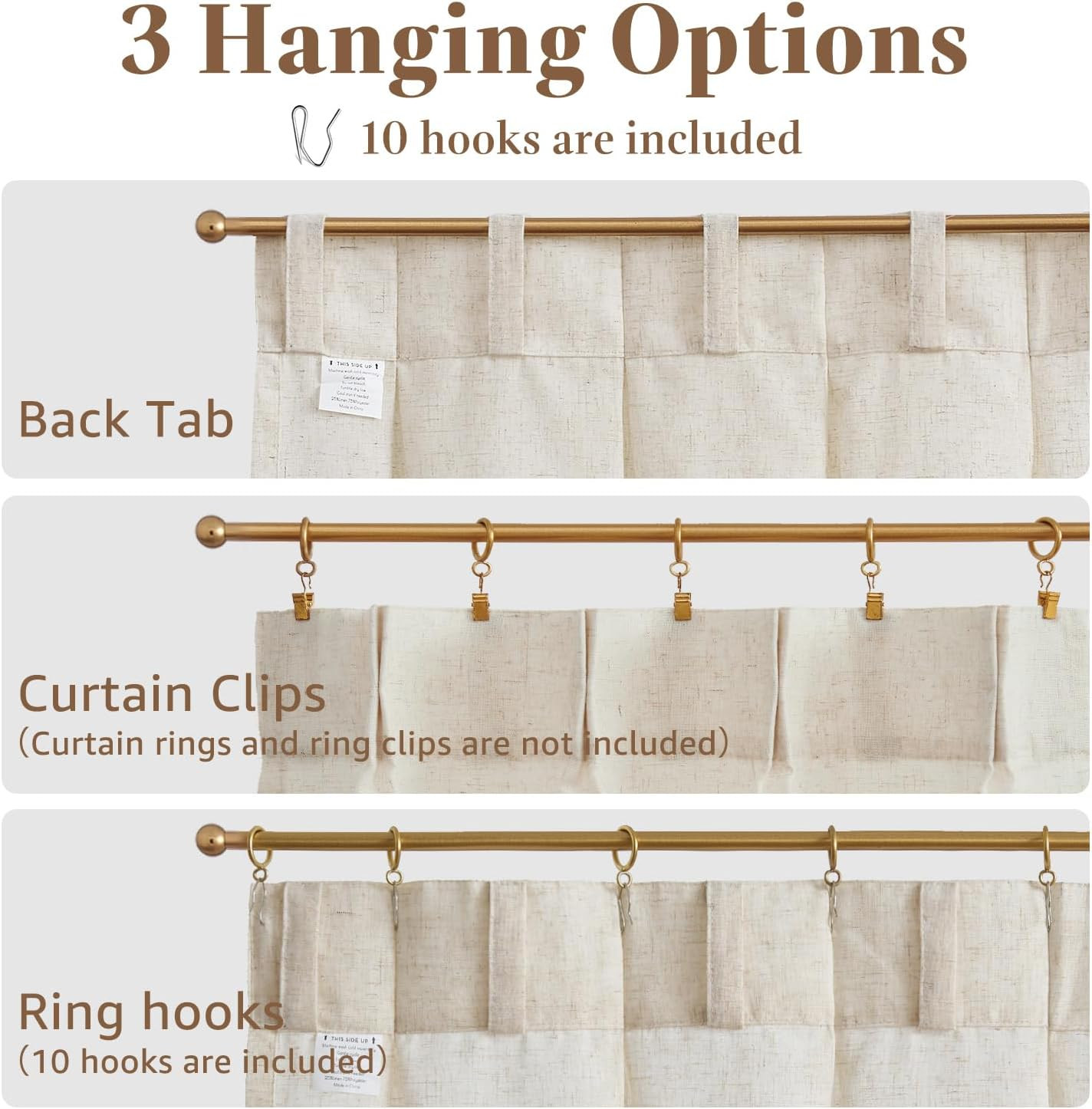 Linen Pinch Pleated Back Tab Tier Curtains,26X24,2 Panels,Natural | Light Filter