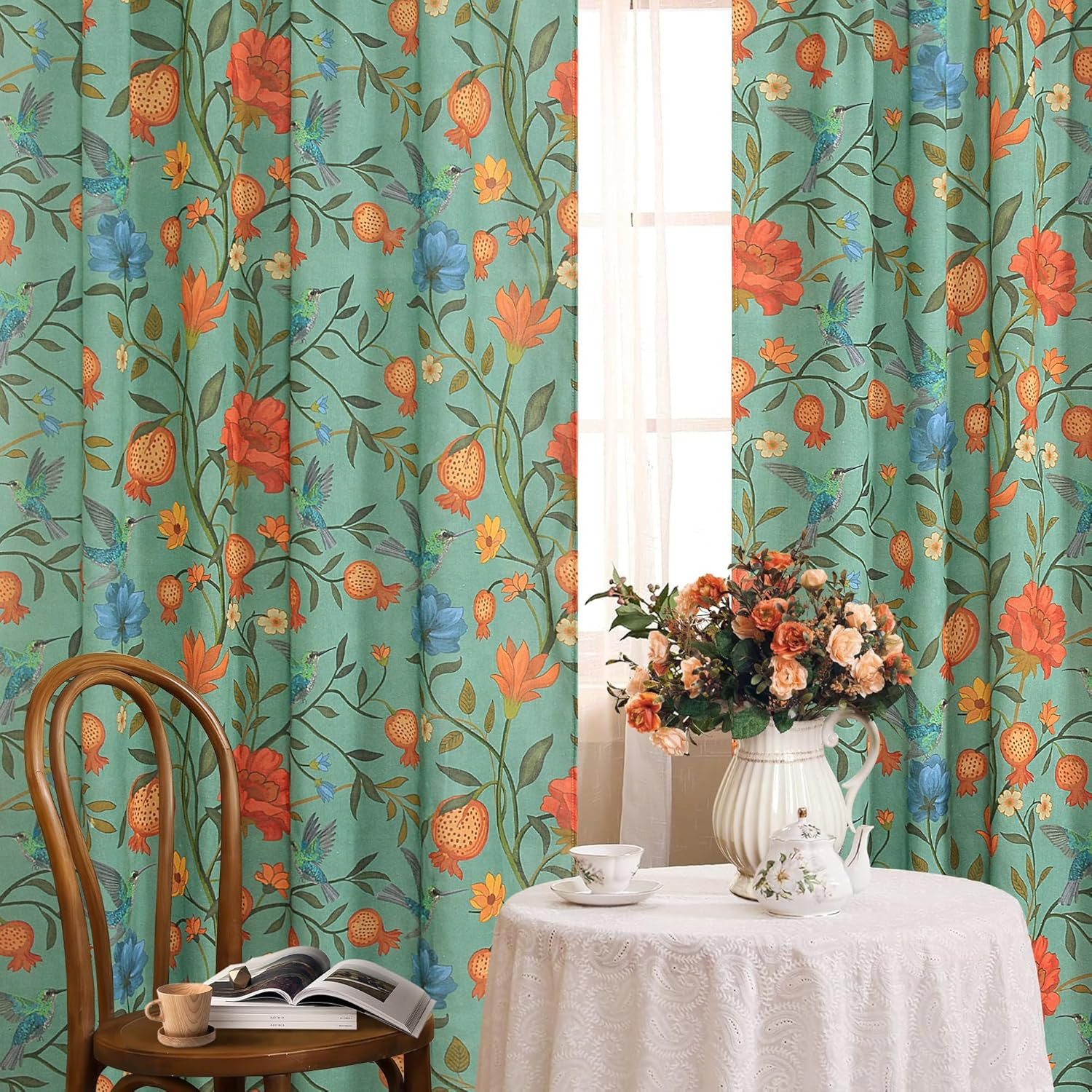 Green Boho Floral Linen Curtains Whimsical Semi Sheer Botanical Block Print Cot