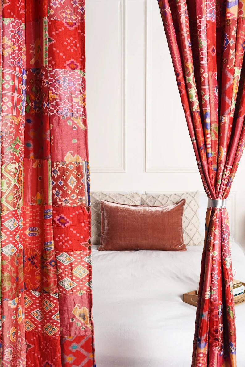 2 Pcs Indian Sari Patchwork Curtain Drape Window Decor Red Silk Sari Curtain