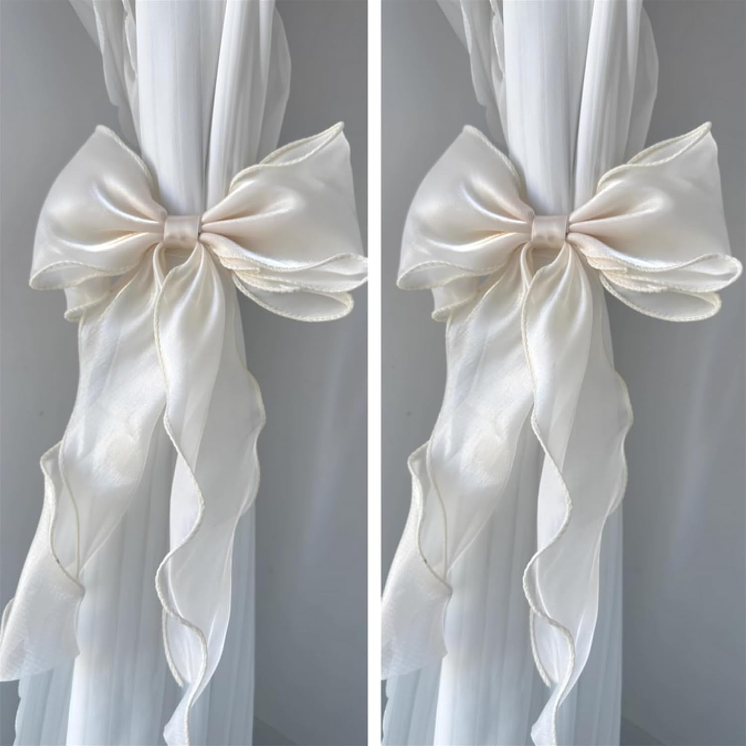 2 Pack French Silky Bow Curtain Tiebacks, Elegant Lace Ribbon for Curtains Decor