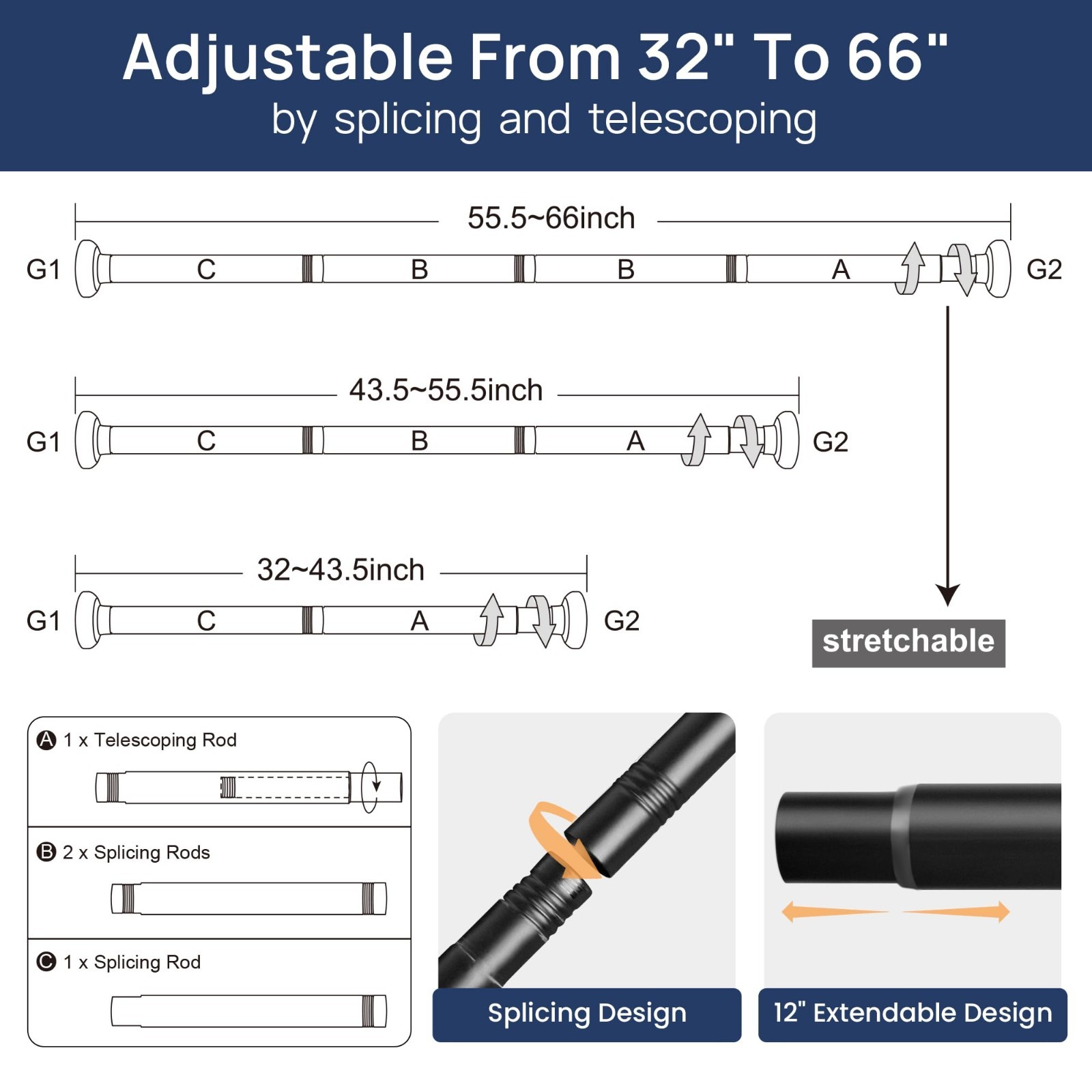 Adjustable Spring Tension Curtain Rods 32-66″ – No Drill, Matte Black, 2 Pack
