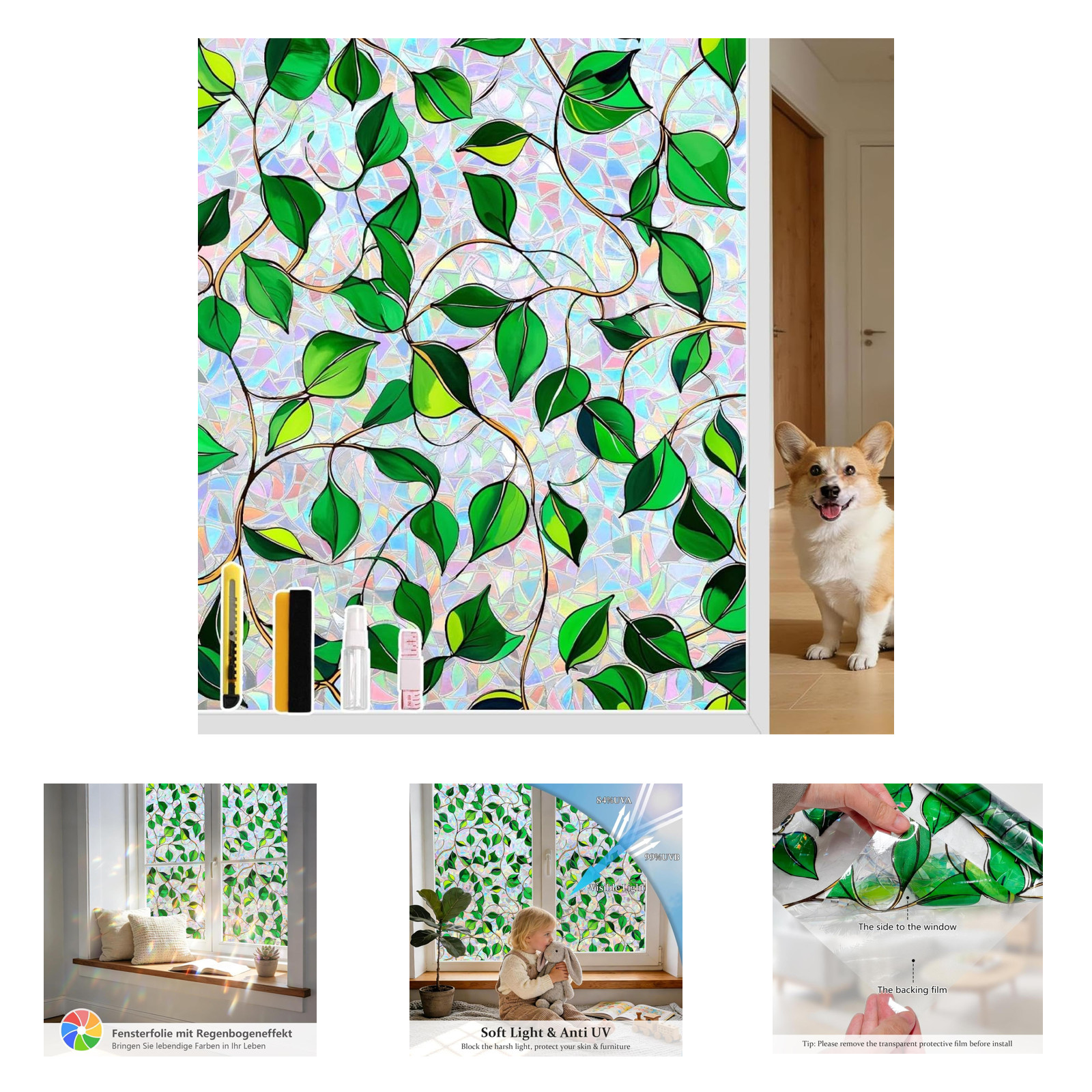 Decorative Rainbow Window Privacy Film UV Sun Protection Static Cling Removable