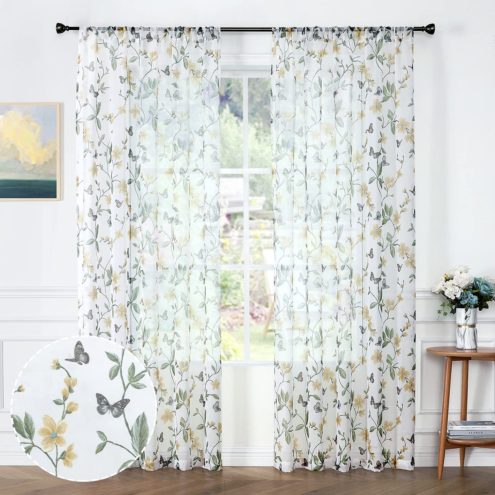 Sheer Floral Curtains Yellow Flower Butterfly Printed Bedroom Curtain Rod Poc…